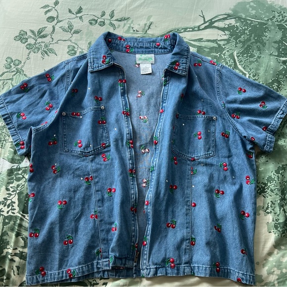 Vintage Cherry Embroidered Denim Jacket Shirt The Quacker Factory - Picture 2 of 13